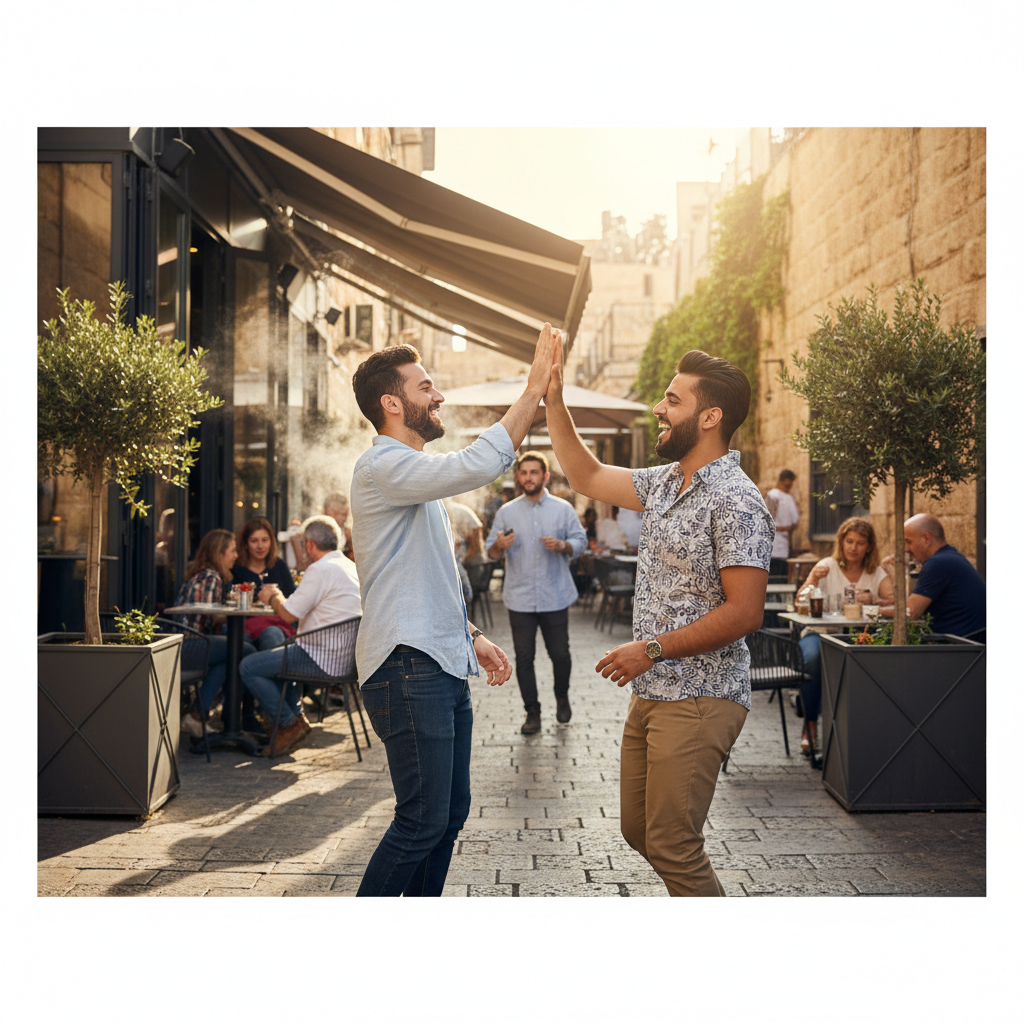 Two lively young arab men laughing and high fiving in a modern jerusalem cafe street scene, vibrant energetic lighting
