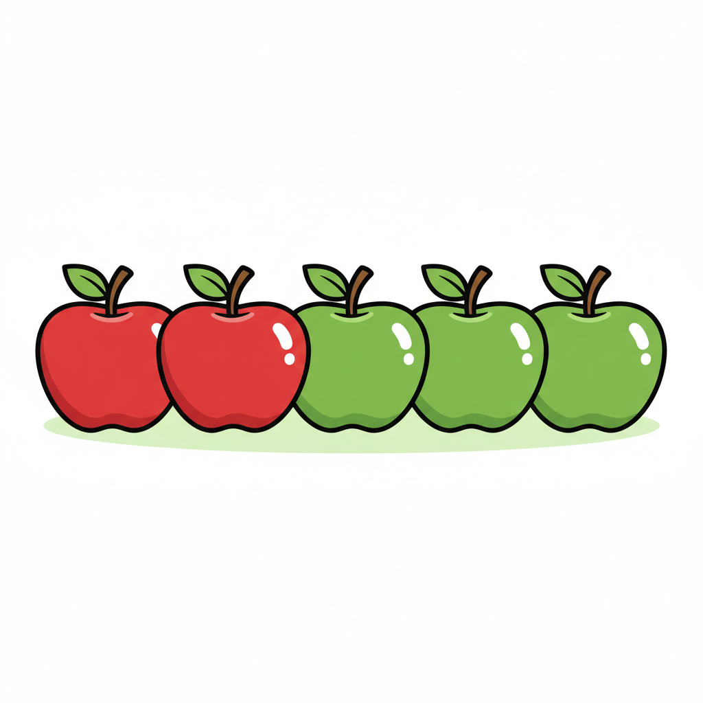 illustration of 2 red apples and 3 green apples side by side, cartoon style