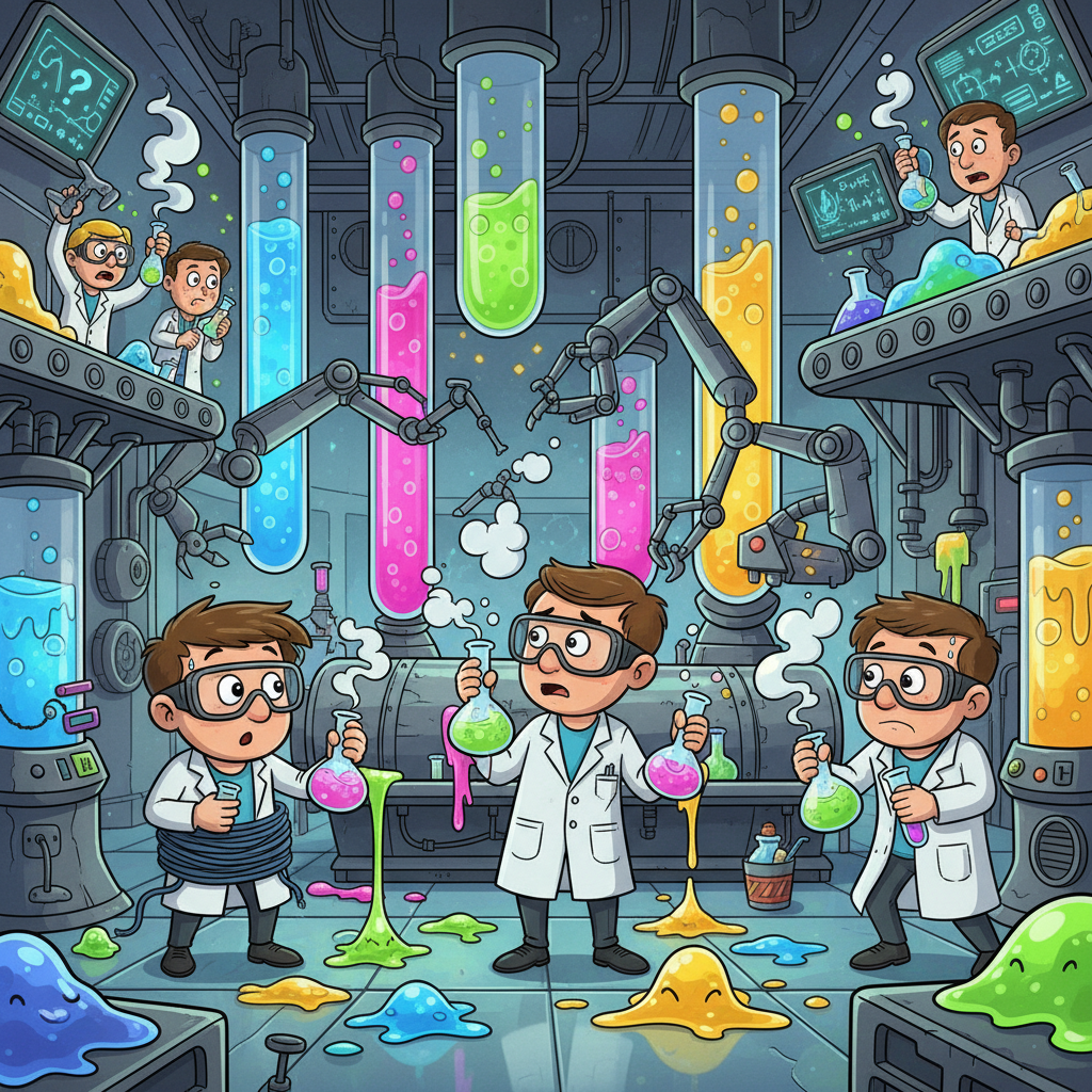 Cartoon style illustration of a high-tech slime factory inside, workers looking confused holding beakers, chemical laboratory setting, colorful and engaging.