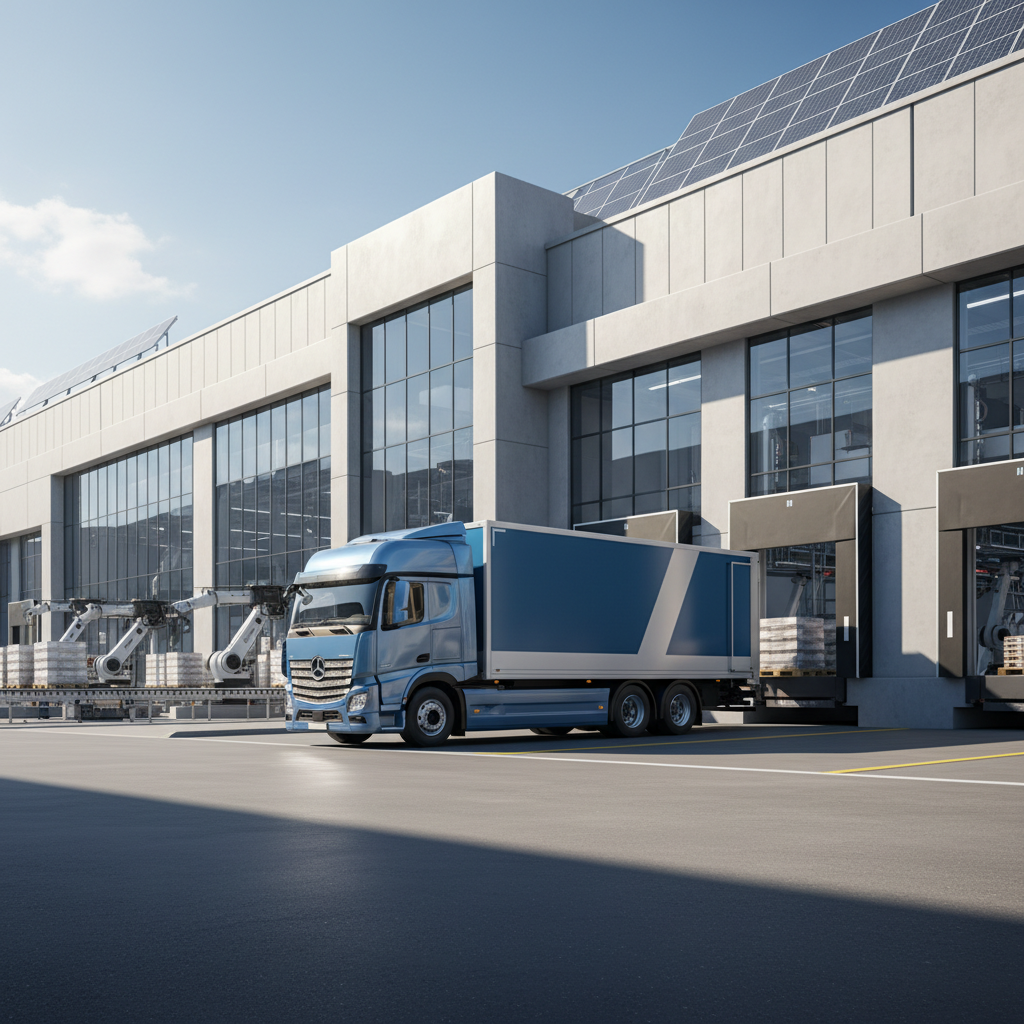 Delivery truck arriving at a modern factory dock, sunny day, logistics and supply chain concept, realistic style