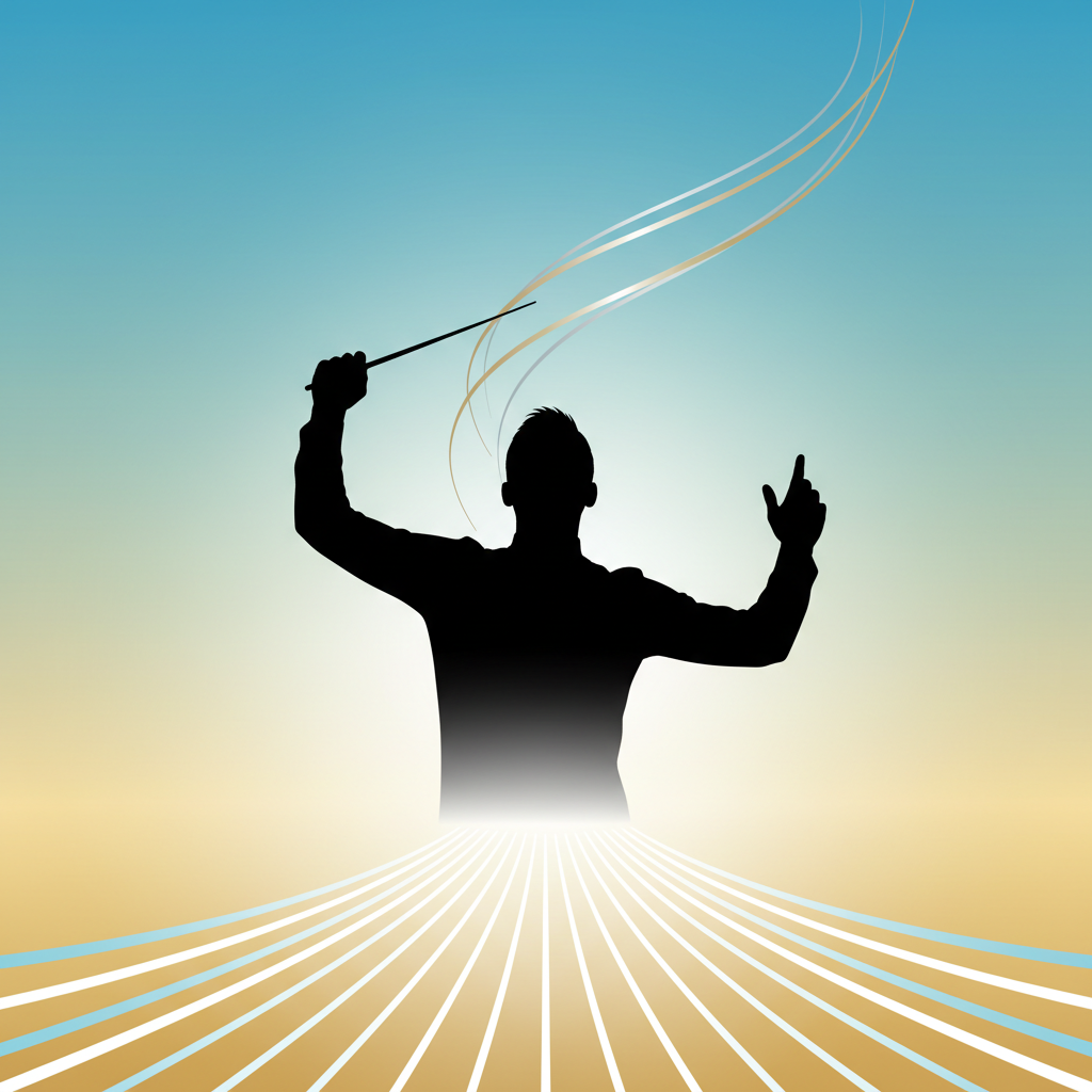 Professional silhouette of a person orchestrating or conducting, symbolic representation of leadership and coordination, clean minimal style.