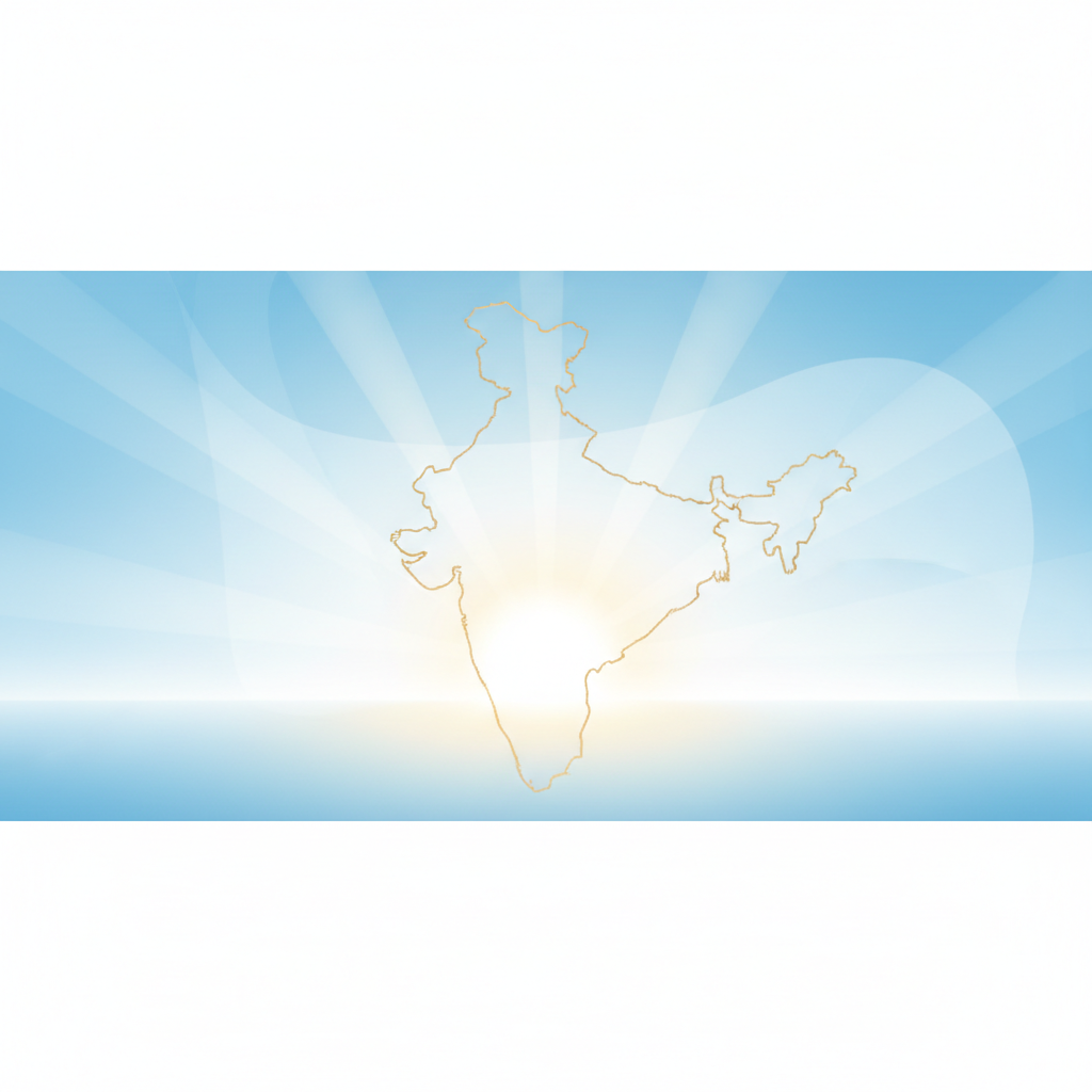 Minimalist spiritual background, soft abstract sunrise over a subtle map outline of India, sky blue and white gradients, dignified, serene, high quality, 8k