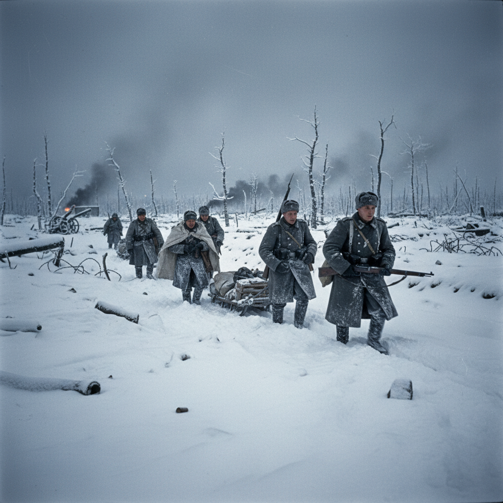 Winter battlefield 1941, German soldiers in snow, harsh conditions, Eastern Front, moody atmosphere