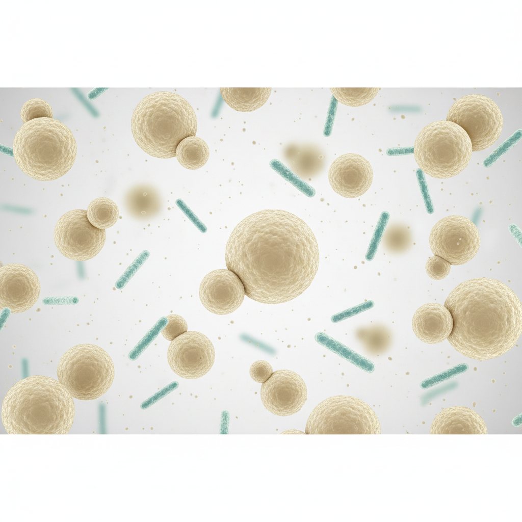 Rendering of Saccharomyces yeast cells, spherical shapes, contrasting with rod-shaped bacillus bacteria, scientific visualization, clean look