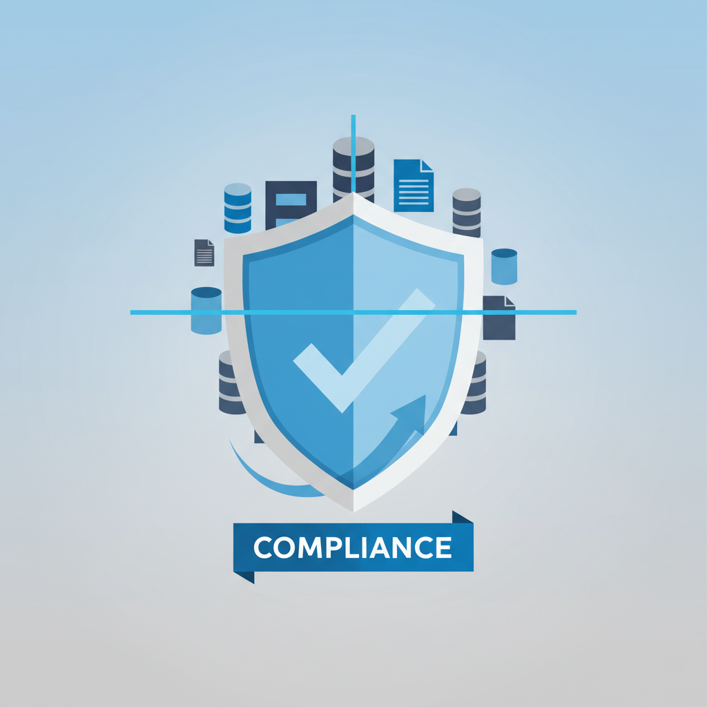 Conceptual illustration of a compliance shield protecting data files, minimalist flat design, blue and grey specifics