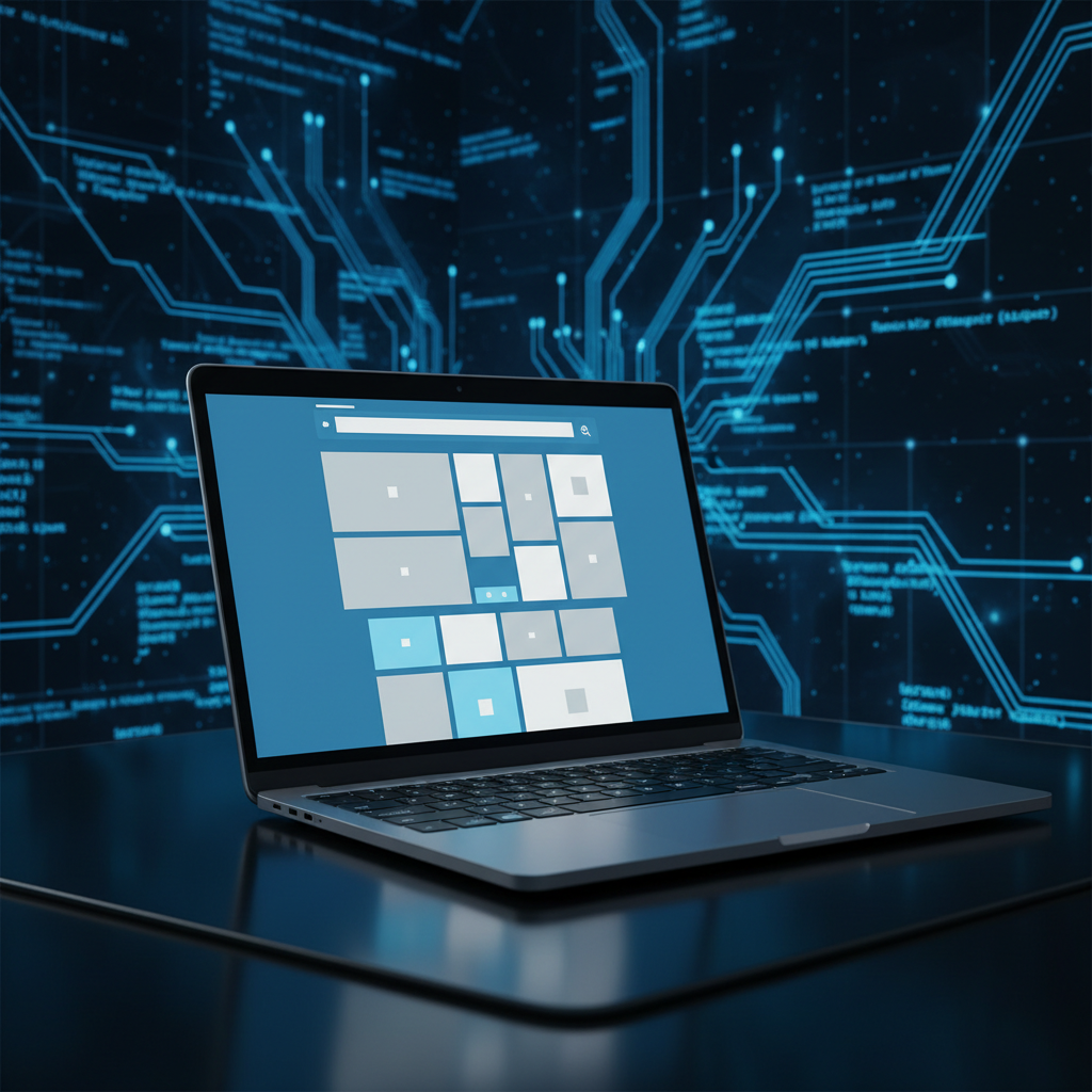 clean modern website displayed on laptop screen, coding interface background, high tech mood, blue light