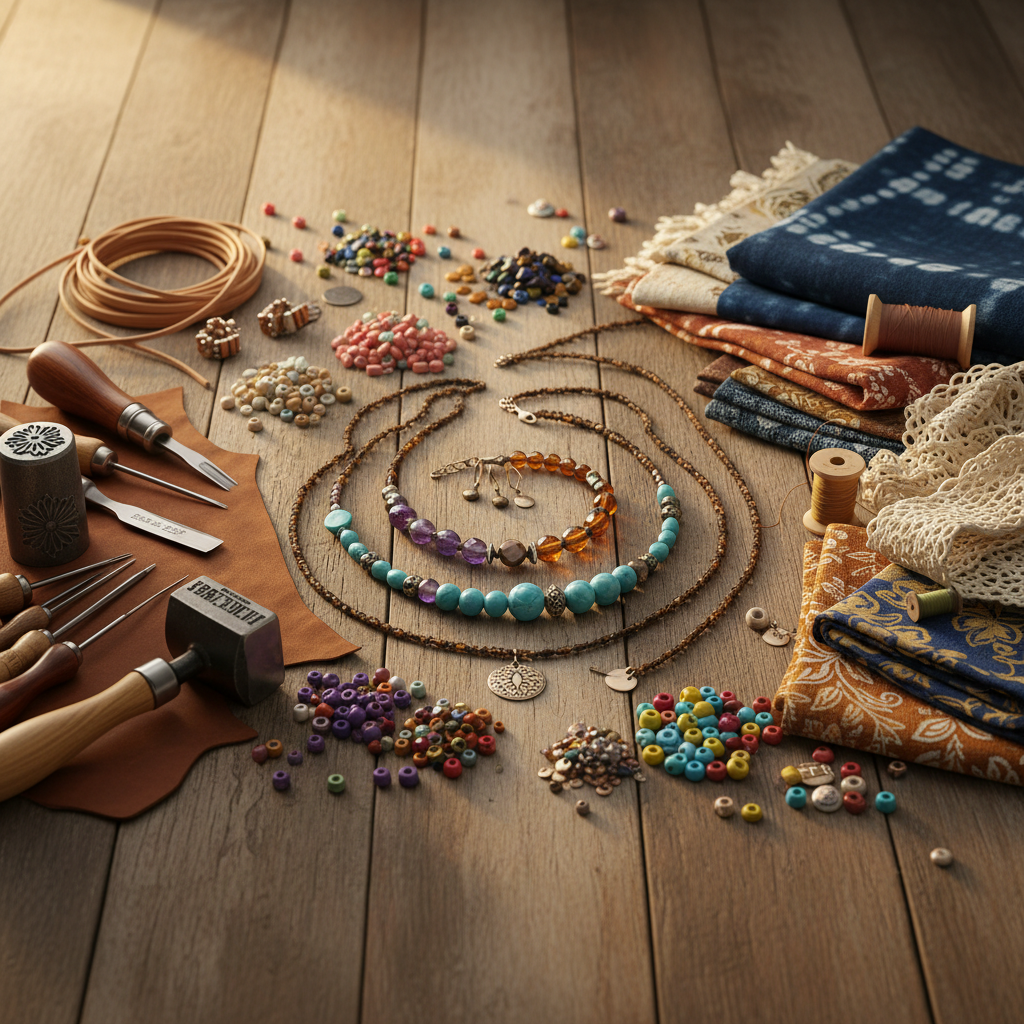 A beautiful, artistic flat lay of handmade jewelry, colorful beads, leather crafting tools, and artisanal fabrics on a rustic wooden table, warm lighting, high resolution, cinematic depth of field