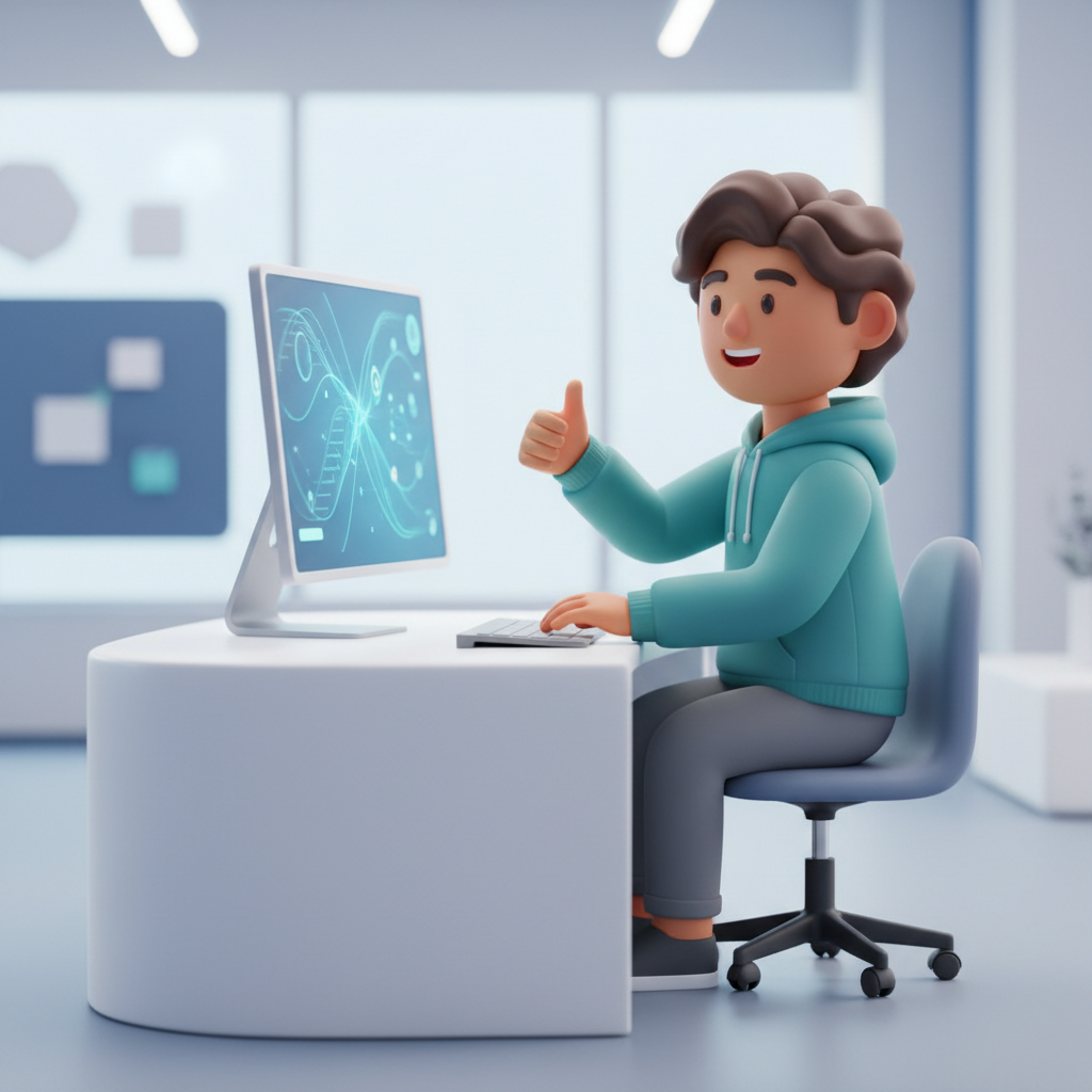 3D illustration of a person looking at a monitor screen, giving a thumbs up, nodding, approval concept