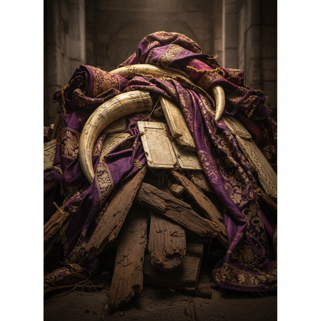 Pile of ancient materials: dark wood planks, ivory tusks and panels, rolls of gold embroidered purple silk burgundy fabric