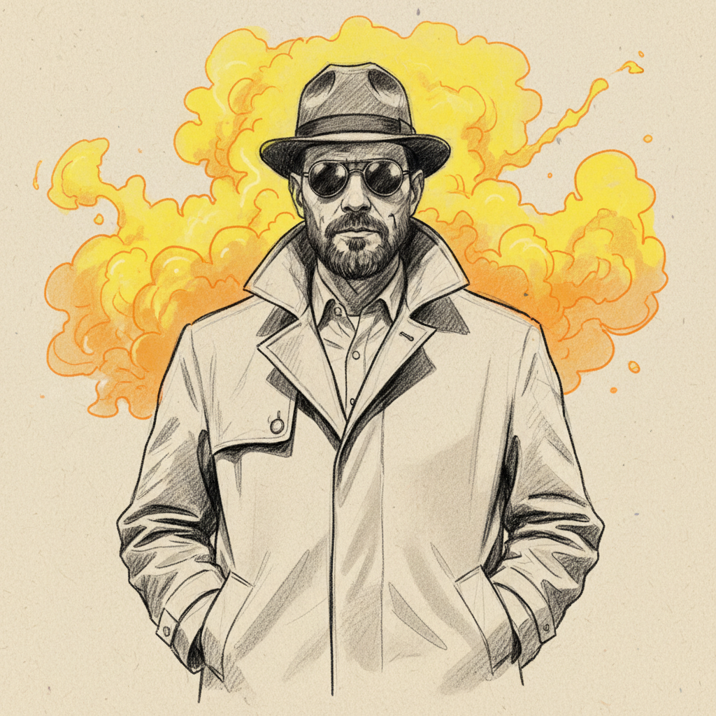 Sketch of a man with a pork pie hat and sunglasses, yellow chemical smoke background