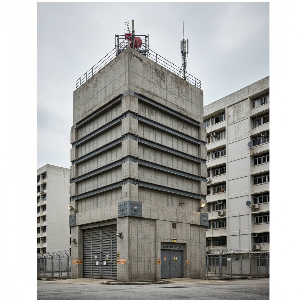 External view of a reinforced concrete staircase blast shelter tower attached to an HDB building, heavy industrial aesthetic, safety architecture overlay