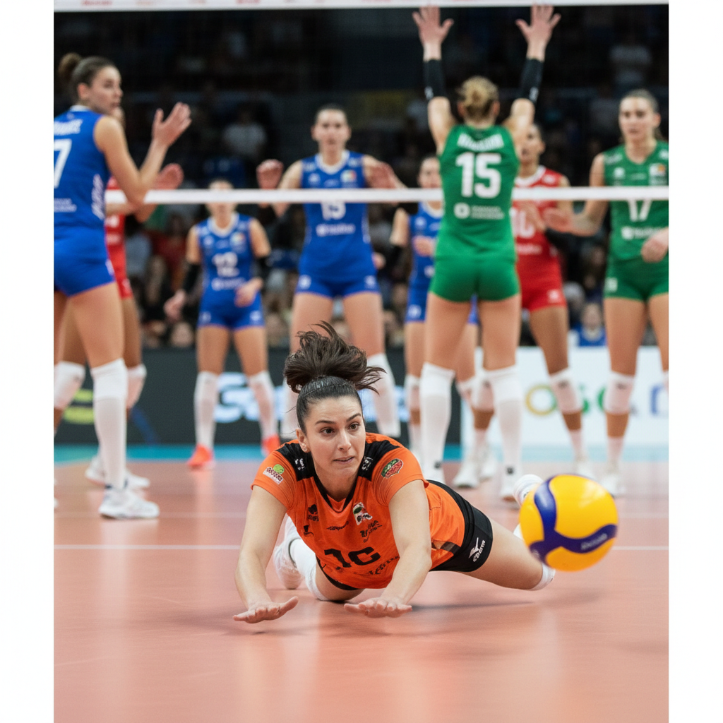 Volleyball libero player in a contrasting jersey color diving for a ball, intense action shot, blurred background of teammates in different colors