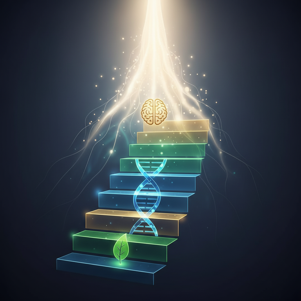An ascending staircase concept art, glowing steps representing levels of achievement, biological icons (leaf, dna, brain) on each step leading to a bright light, minimal design.