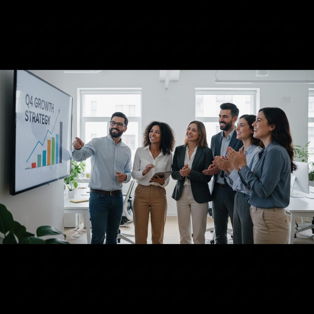 diverse corporate team looking at a presentation screen with positive expressions, modern office, bright lighting