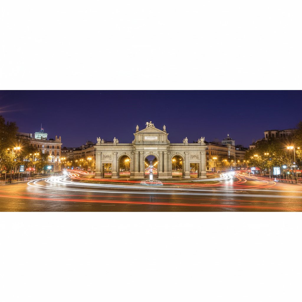 Night shot of Puerta de Alcalá illuminated, long exposure car light trails, vibrant urban night scene in Madrid