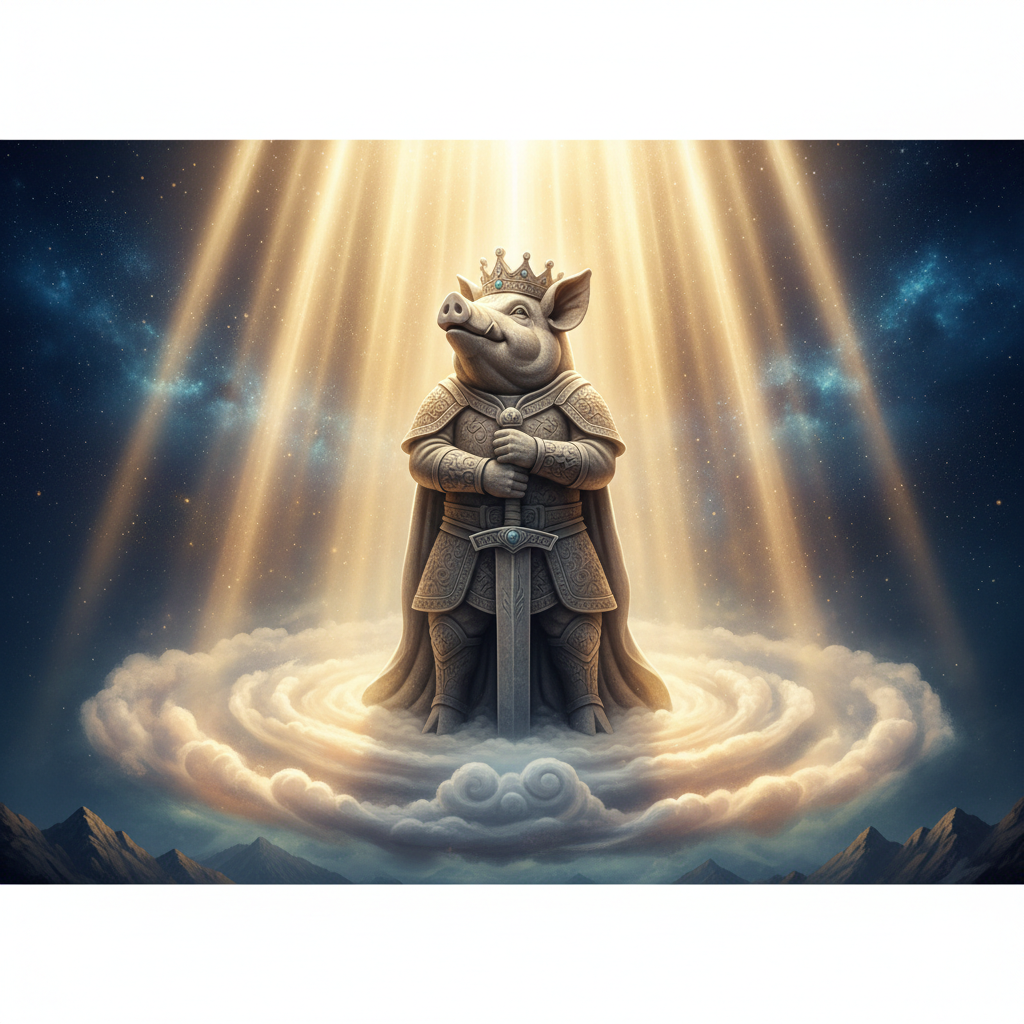 Ethereal scene of a stone statue of a pig-king with a crown and sword, standing on a cloud, illuminated by glorious golden rays of light (god rays). Respectful and legendary atmosphere.