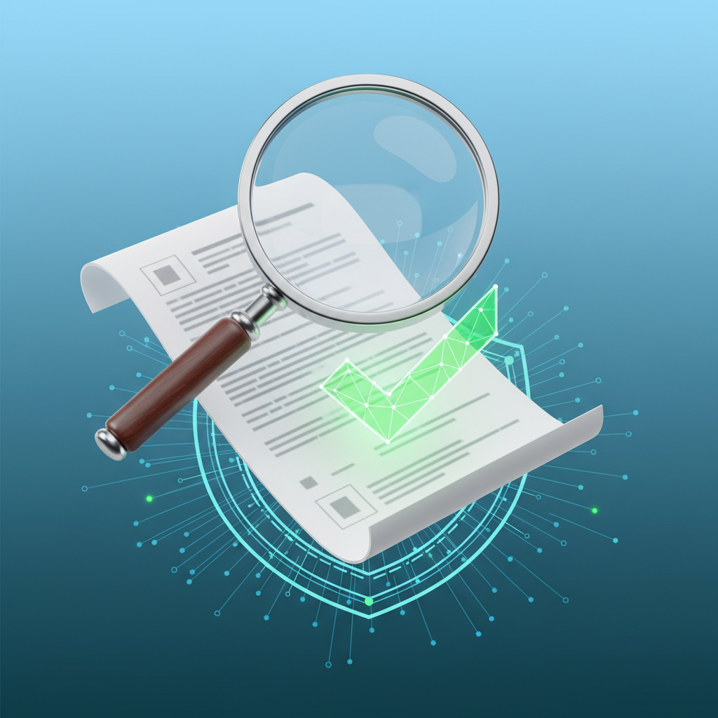 3D illustration of a magnifying glass scanning a document, green checkmark, secure verification concept