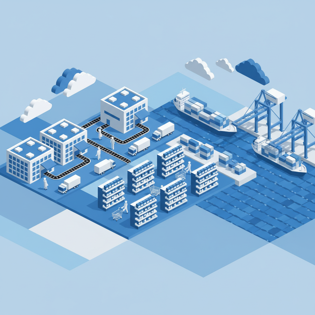 Isometric view of a logistics center, supermarket shelves, and a shipping port, stylized geometric flat design, blue and white and gray palette