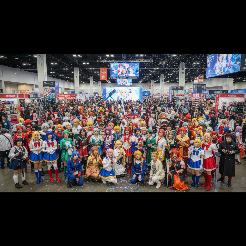 crowd of diverse cosplayers at a convention, colorful costumes, anime convention atmosphere