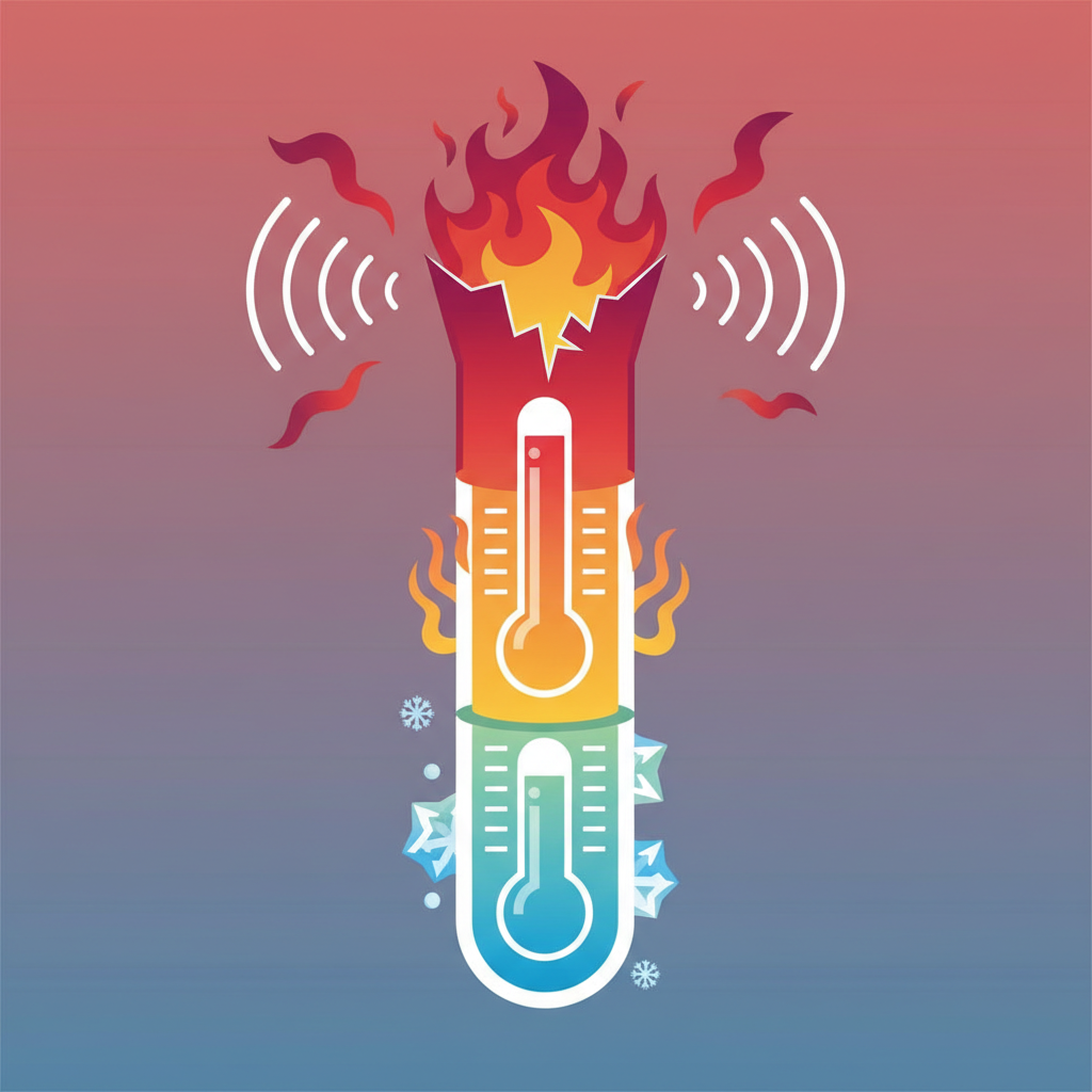 A thermometer showing low temperature, medium temperature, and bursting high temperature, vector illustration