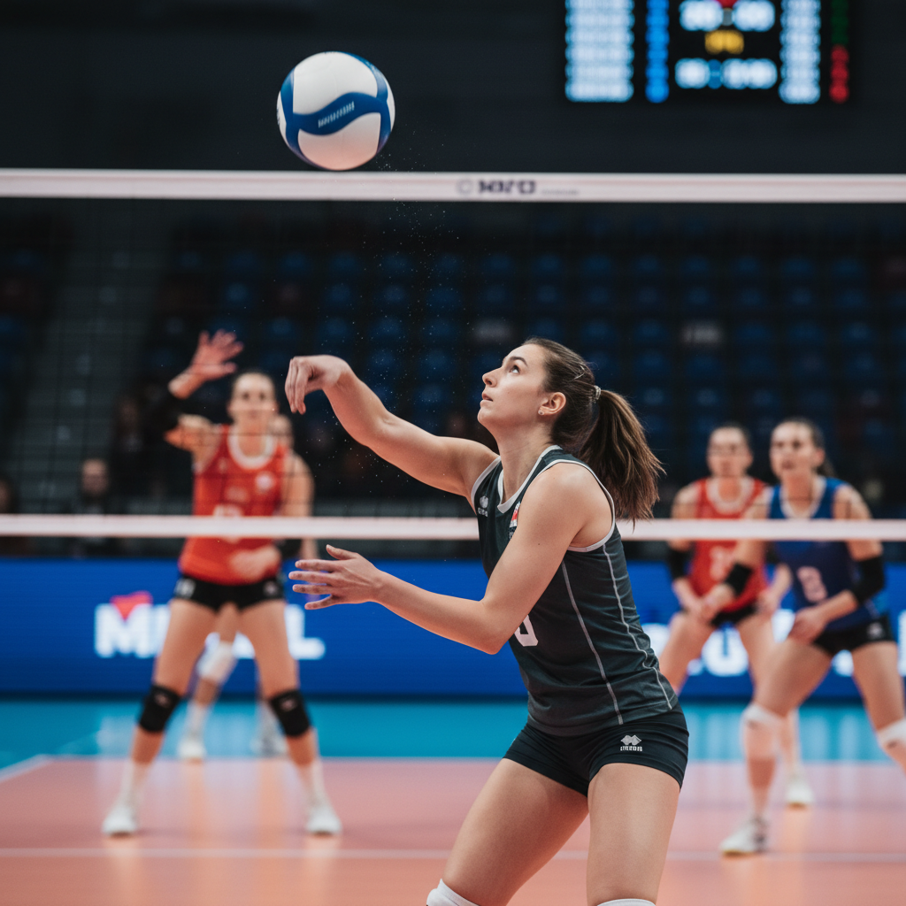 volleyball player serving the ball, freeze frame action, focus on the serve, blurring players in background