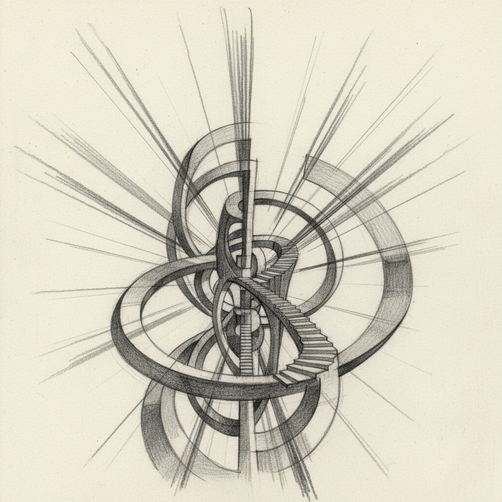 pencil sketch of abstract architectural form showing radiating lines and curved geometry, dynamic motion