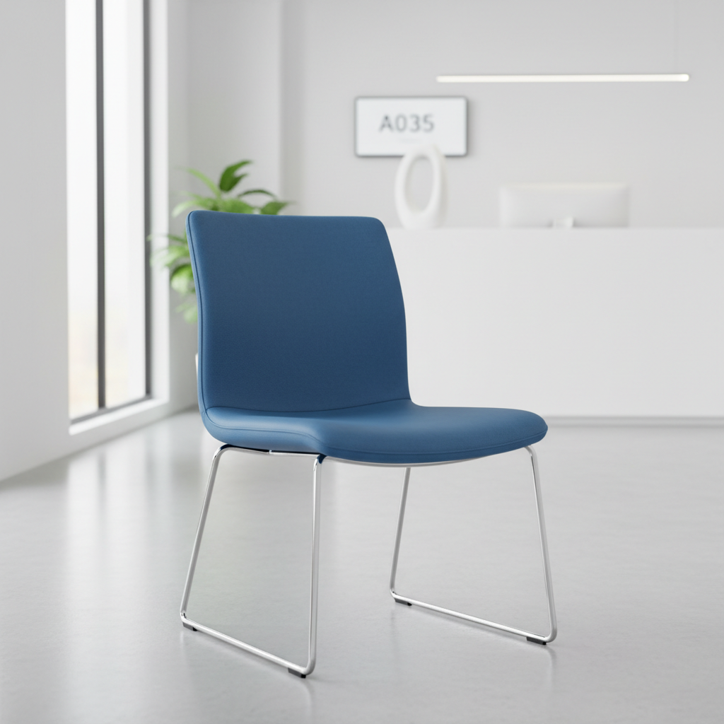 modern medical waiting room chair, wipeable blue vinyl, chrome legs, clean clinical environment, product photography