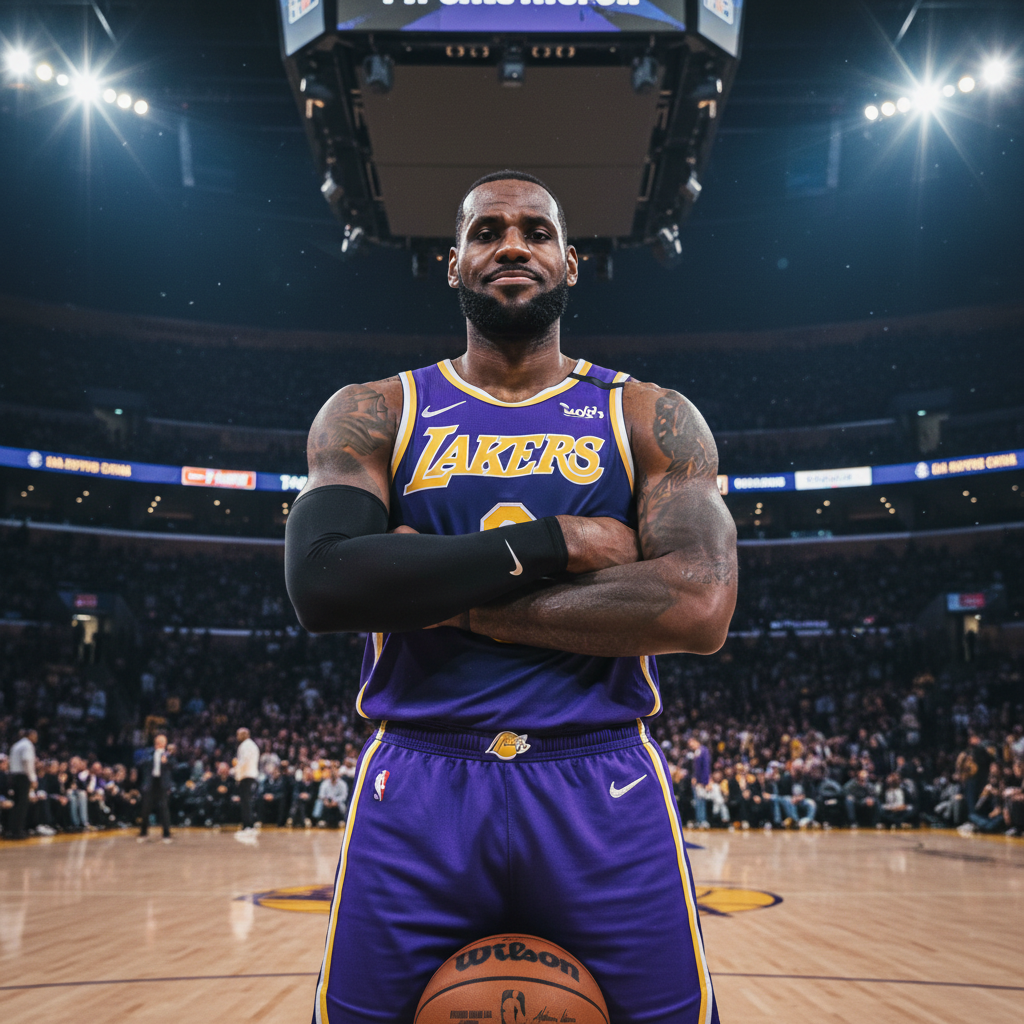 Cinematic low-angle shot of LeBron James standing at midcourt in Los Angeles Lakers purple and gold uniform, arms crossed, confident expression, stadium lights in background, high definition realism, 8k