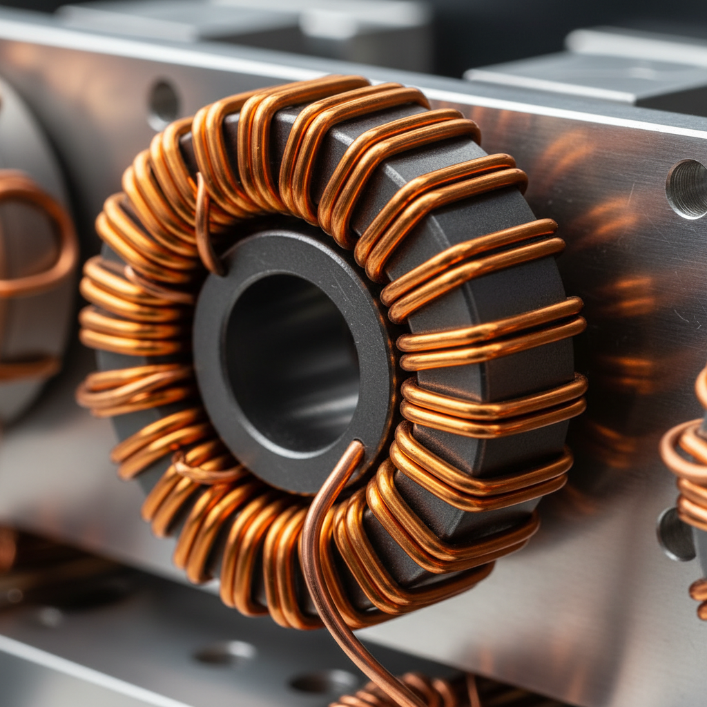 Macro photography of copper wire coil winding on a magnetic core, engineering aesthetics, metallic copper and steel tones