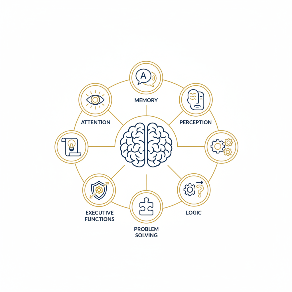 A clean infographic diagram with a brain in the center connected to 7 icons representing: Attention, Memory, Language, Perception, Logic, Problem Solving, Executive Functions. Flat style, navy and gold colors, white background.