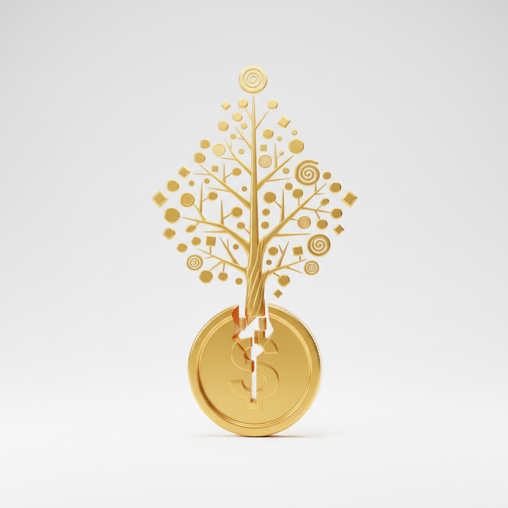 minimalist abstract 3d illustration of a golden coin transforming into a growing tree, white background, soft lighting, financial growth concept