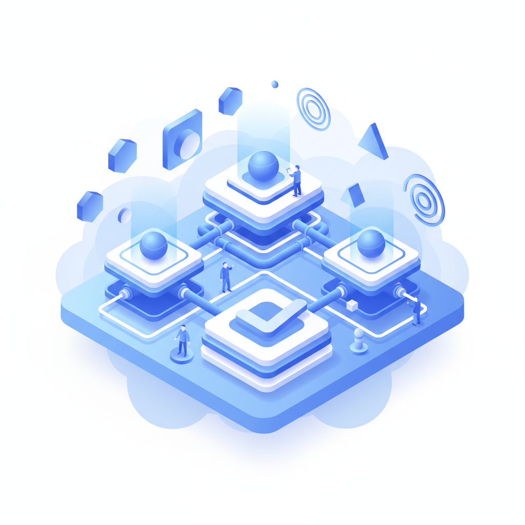 3D isometric illustration of a modern business ecosystem, connecting subscription nodes and project checklists, clean blue and white style