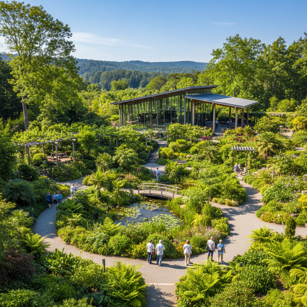 wide shot of a lush green botanical garden and nature education centre, sunny day, peaceful atmosphere
