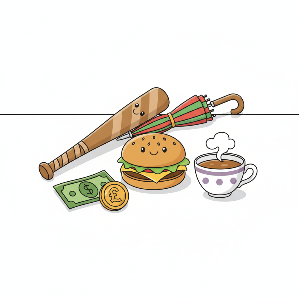 Collection of items: hamburger, cup of tea, dollar bill, pound coin, baseball bat, umbrella, scattered on a white table, cute cartoon style.