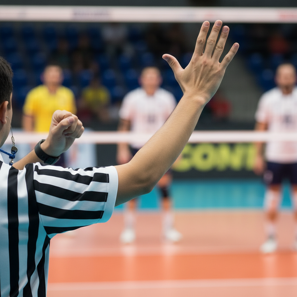 Volleyball referee hand signaling a point or serve, close up, blurred background of the court