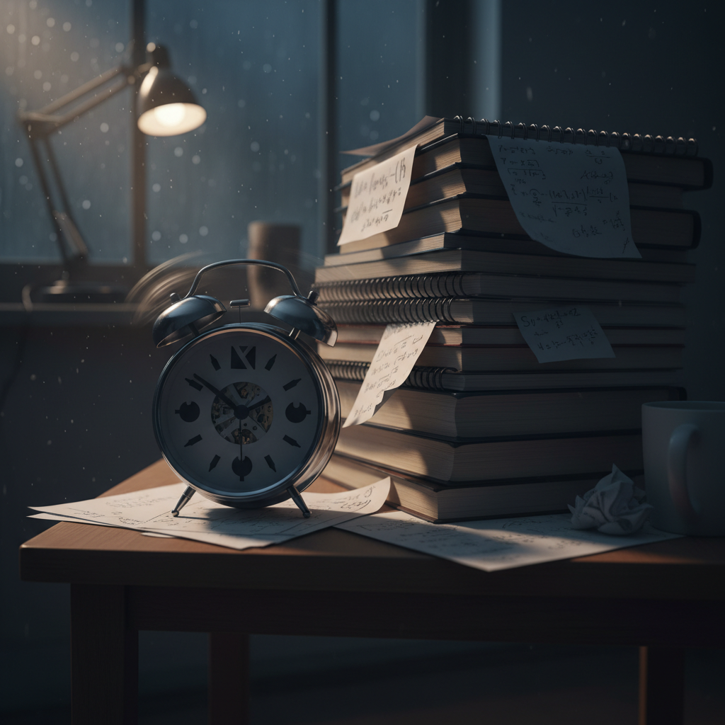 Alarm clock ringing or pile of homework, moody lighting