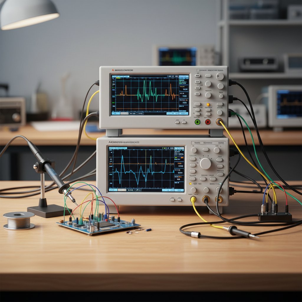 Electronic test equipment spectrum analyzer oscilloscope on workbench