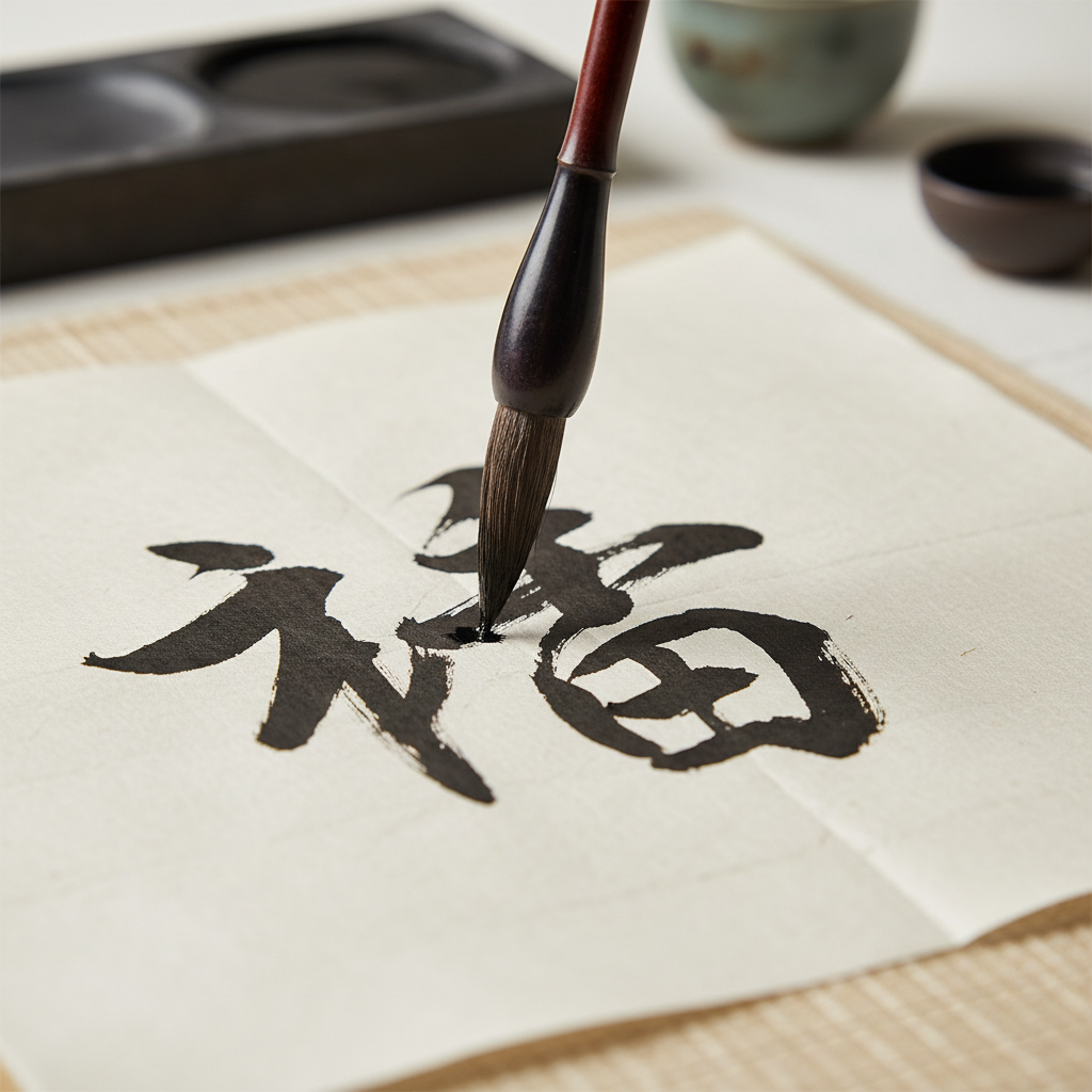 A close up of a brush painting black Chinese characters on rice paper, artistic, simple, educational