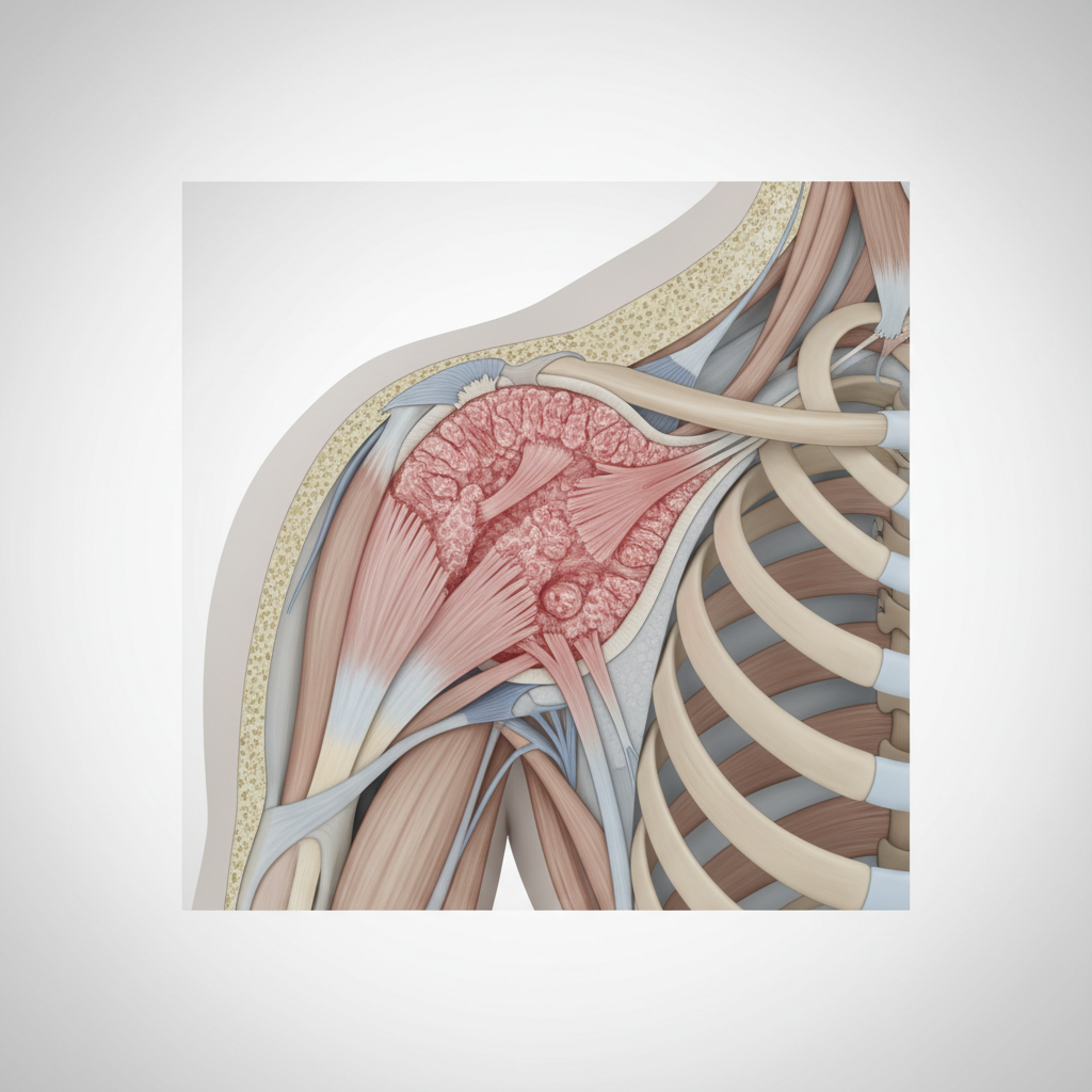 An anatomical illustration focusing on the shoulder glenohumeral joint capsule, with the capsule highlighted in reddish textures to show inflammation and fibrosis, detailed biological diagram.