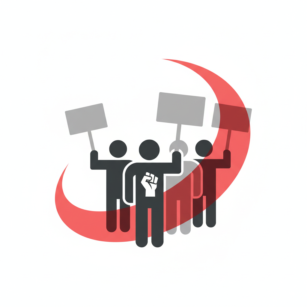 Icon of workers with protest signs, red highlight