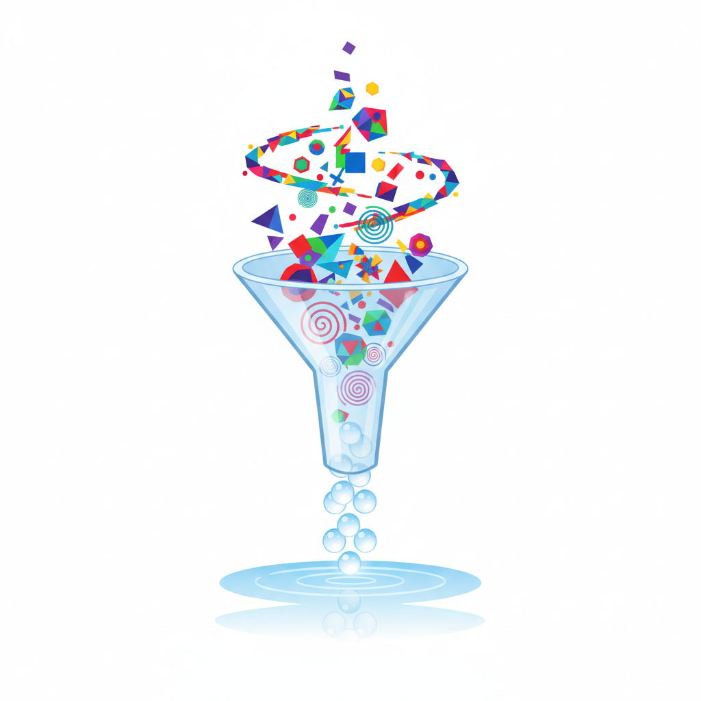 An illustration of a funnel, filtering complex colorful shapes at the top and letting simple clear drops come out the bottom, education metaphor