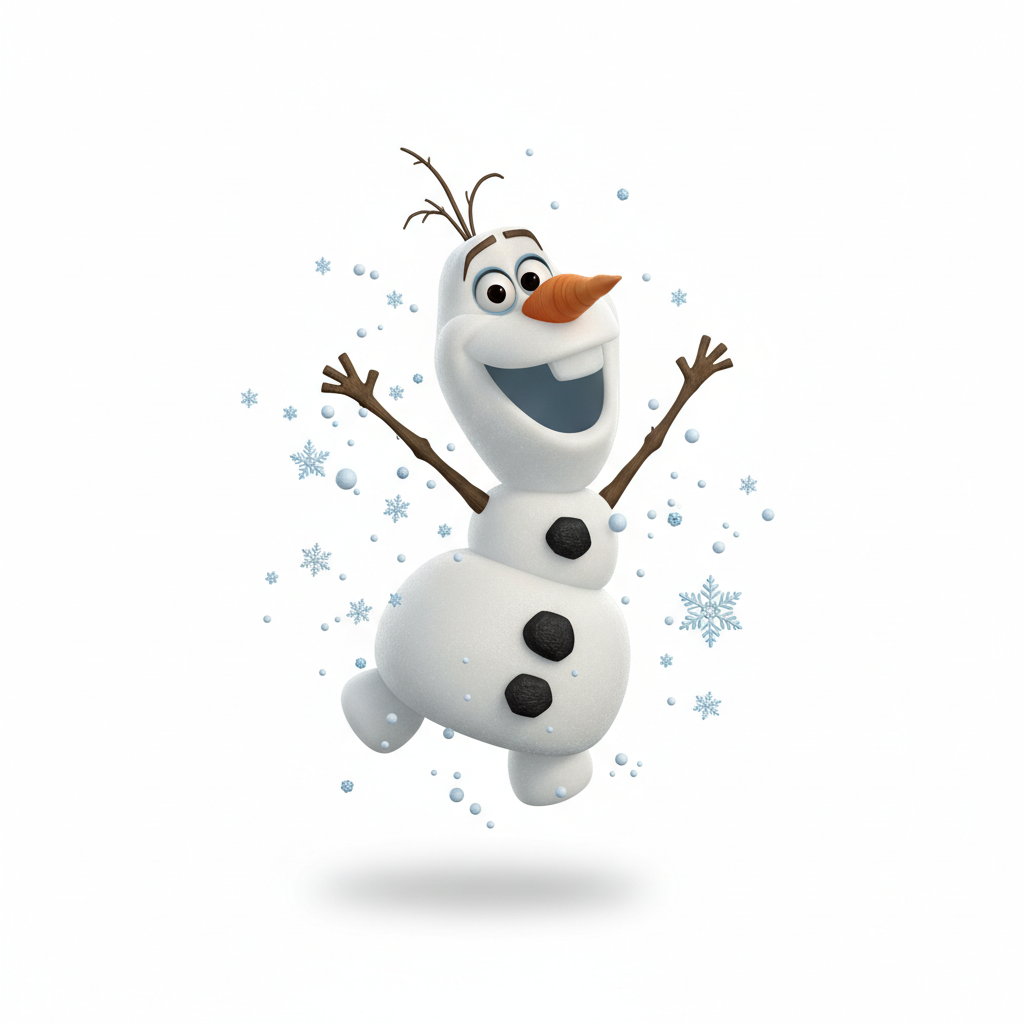Happy Olaf the snowman from Frozen jumping with joy, 3d render style, isolated on white background