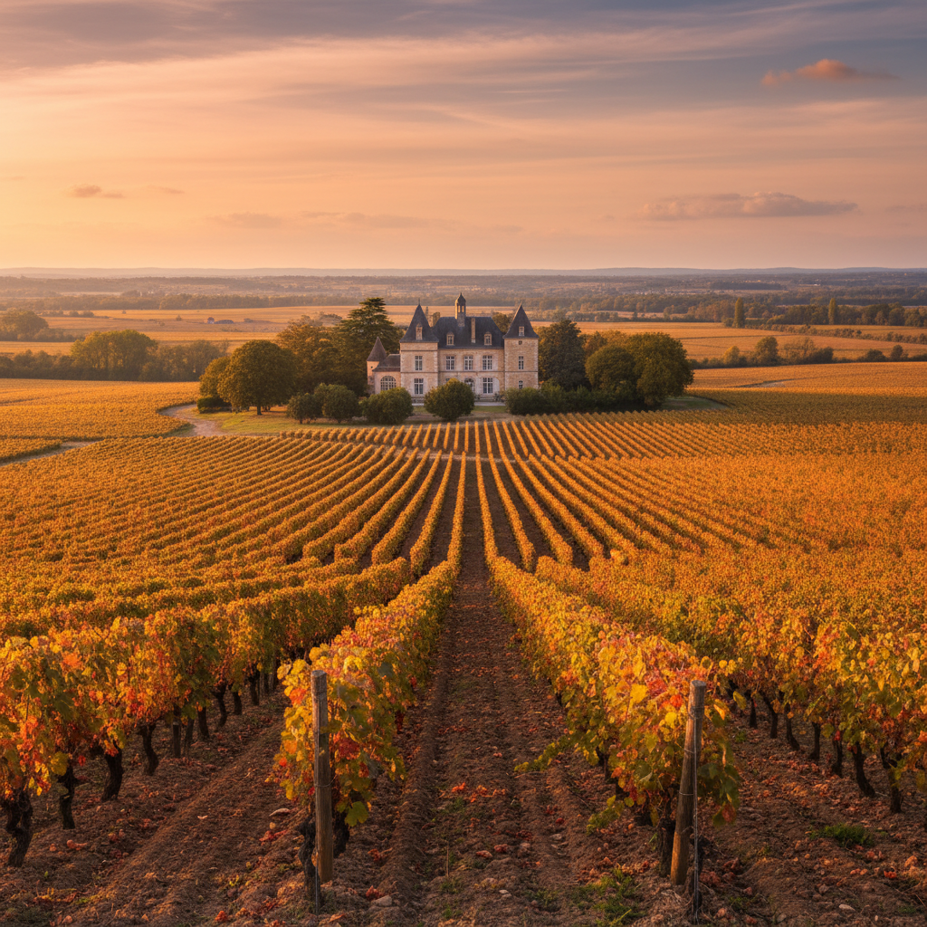 Scenic view of a French vineyard in Bordeaux during golden hour, rows of grapevines, chateau in background