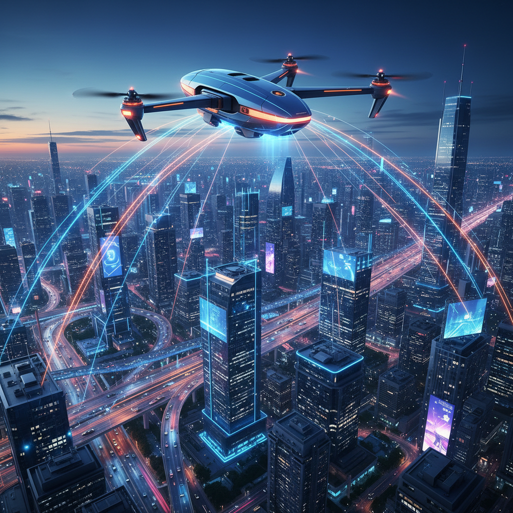 Futuristic drone flying over a city, digital network lines connecting it, blue and orange style