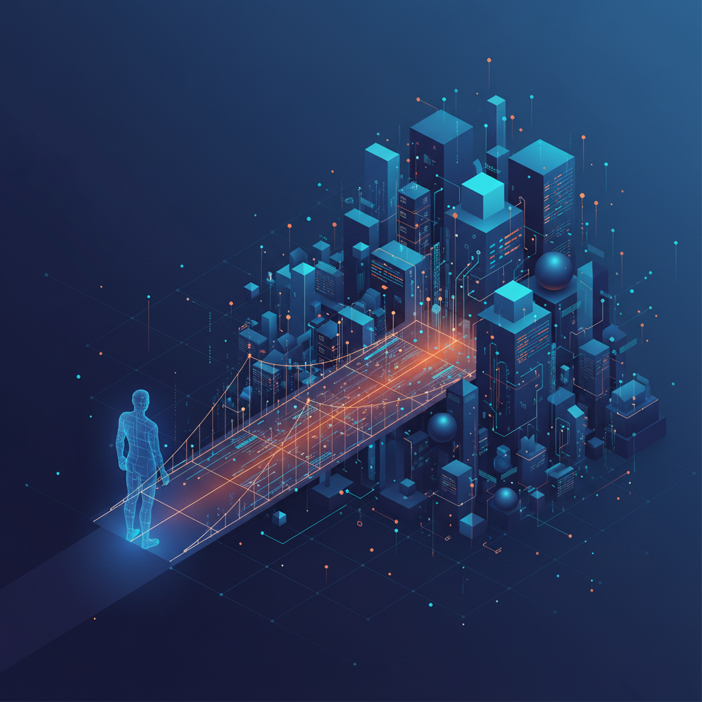 A glowing digital bridge connecting a user silhouette to a complex server structure, minimal vector style within 3D space, clean lines, vibrant orange and blue palette
