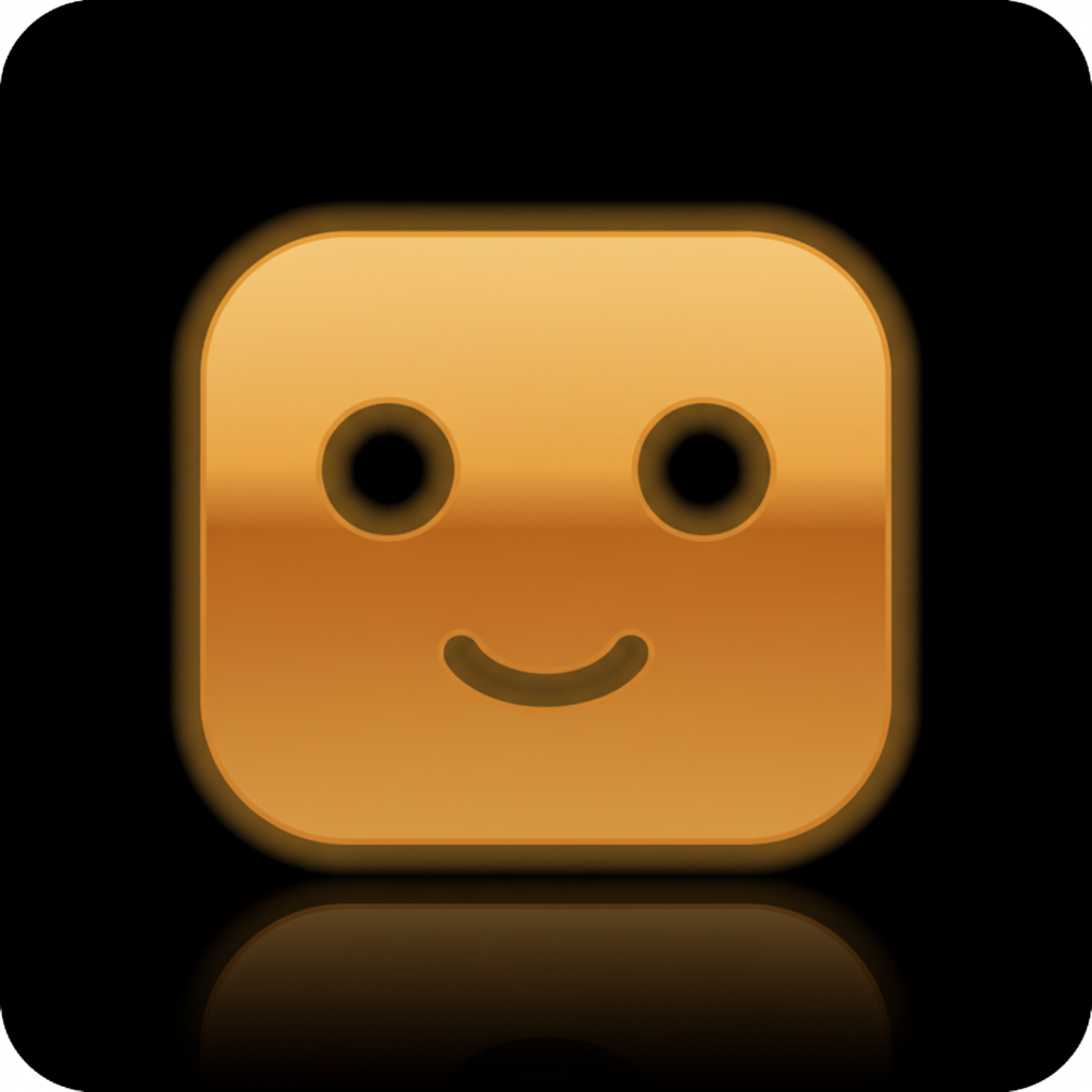 Friendly minimalist robot face icon, glowing gold on black background