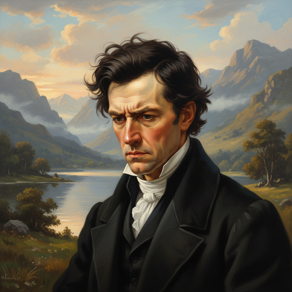 Portrait of William Wordsworth in a natural landscape, romanticism style, brooding expression, lake district background, soft artistic lighting