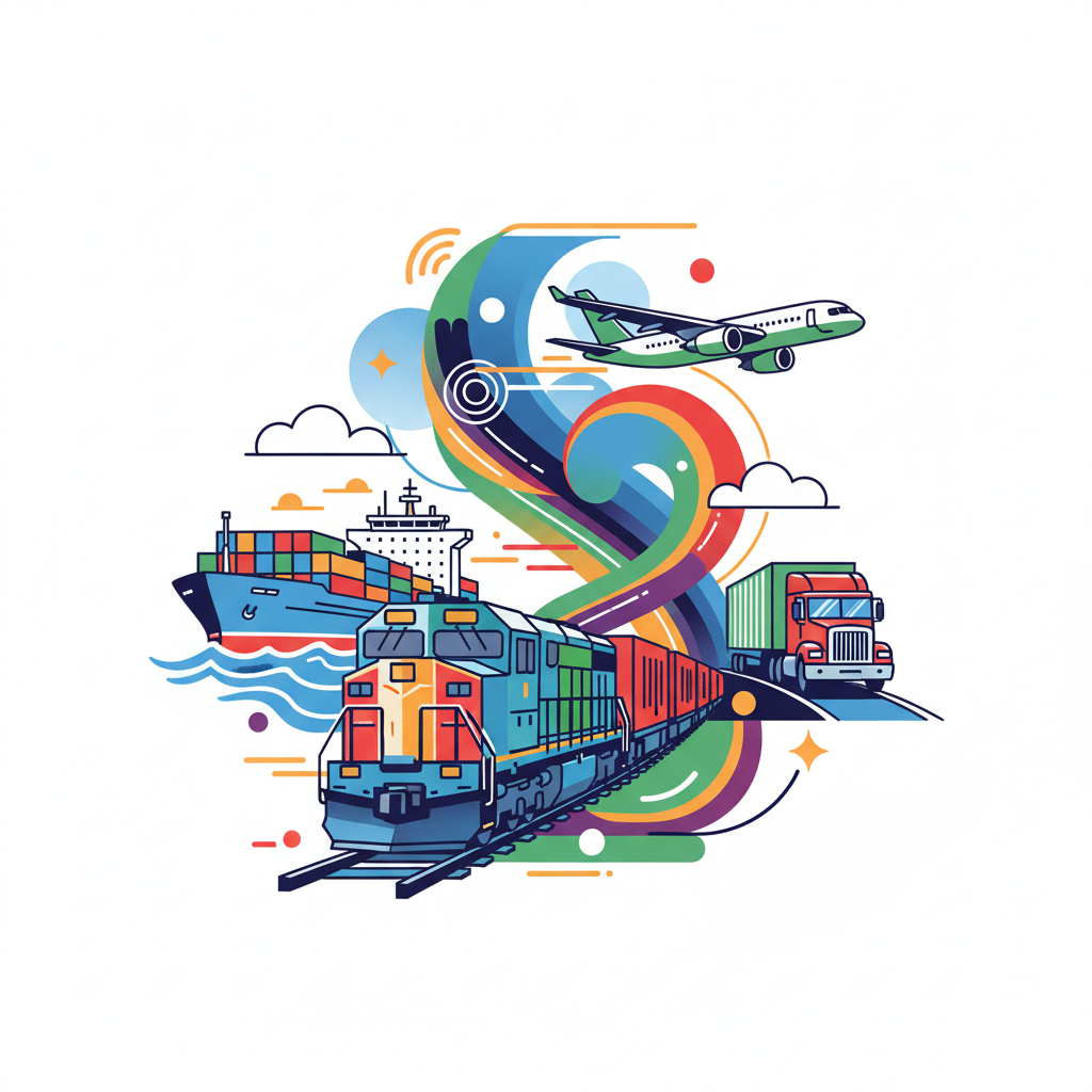 Collage illustration of a train, a cargo ship, an airplane, and a truck moving in the same direction, stylized vector art, dynamic composition