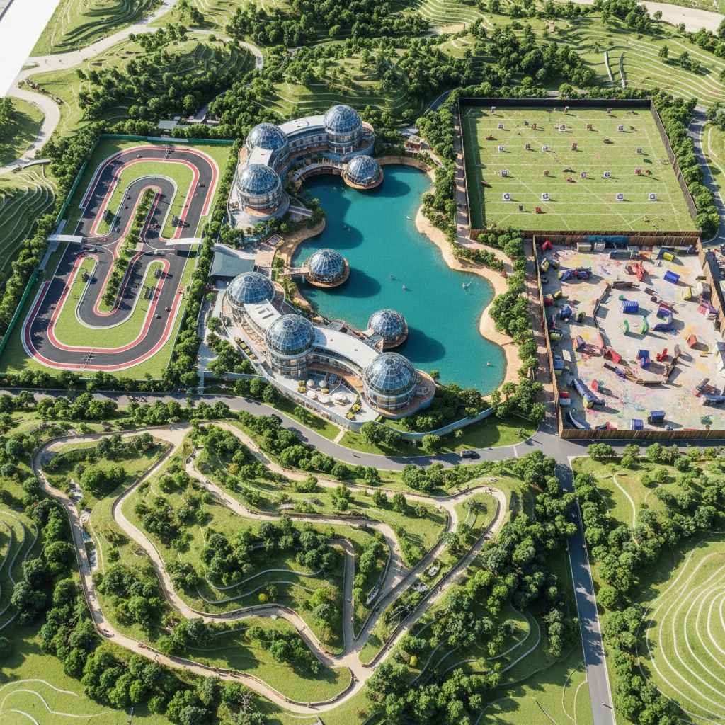 Cinematic bird's eye view master plan showing distinct adventure zones. Center: Lavish hotel with modern pod accommodations clustered near a scenic lake. Surrounding zones clearly visible: 1) Large winding go-kart track. 2) Network of MTB trails in hills. 3) Distinct fenced Paintball arena with bunkers. 4) Archery range field. High detail, photorealistic, 8k, sunny lighting, wide shot showing entire resort layout.