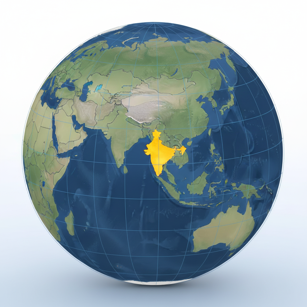 3D Globe or World Map highlighting India in South Asia. Showing neighbors Pakistan, China, Nepal, Bhutan, Bangladesh, Myanmar. Highlighting Jammu & Kashmir and Ladakh. Educational, clean, cartographic style.